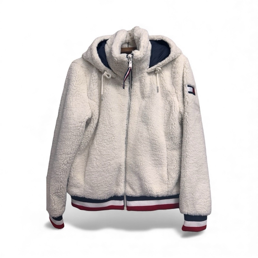 Tommy Hilfiger Women's Bomber Jacket Sport Cream Sherpa Fleece Hoodie Zip Medium